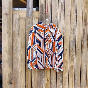 Geometric Print Button-Up Shirt in Orange, Navy & White